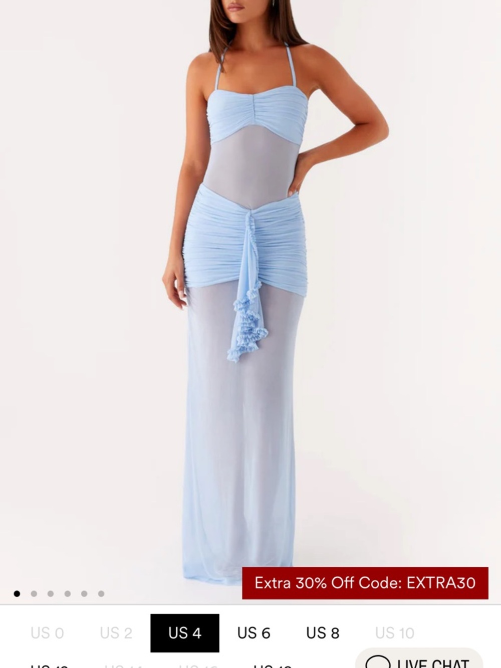 Peppermayo Light Blue Sheer Ruched Spaghetti-Strap Maxi Dress